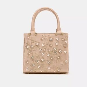 Zara NWT light pink floral embroidered embellished beaded pearl top handle bag